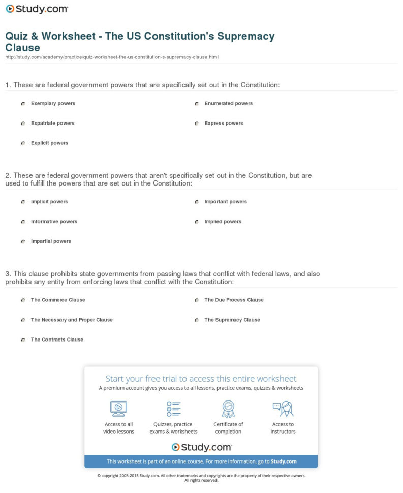 Quiz  Worksheet  The Us Constitution's Supremacy Clause