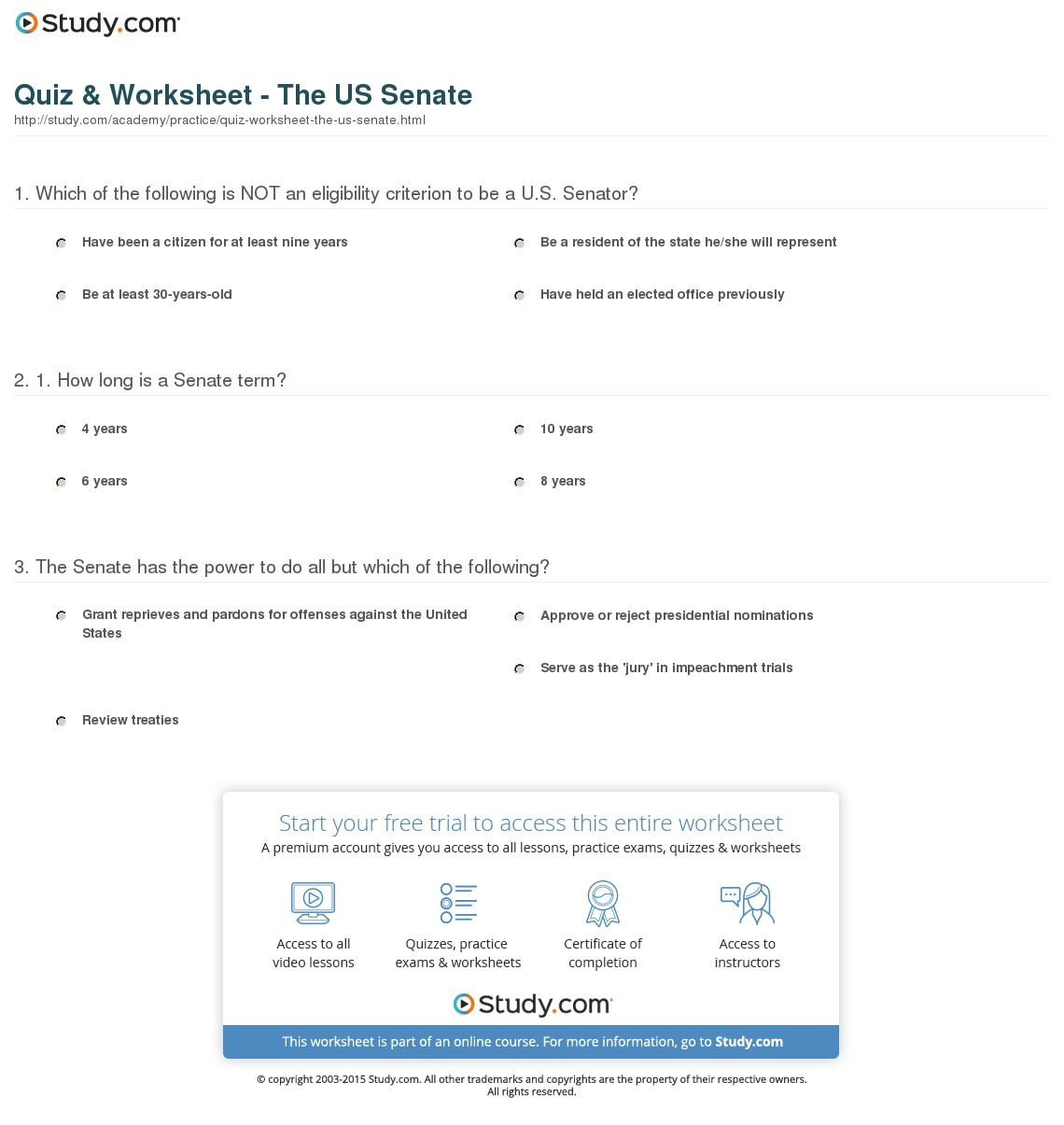 Quiz  Worksheet  The Us Senate  Study