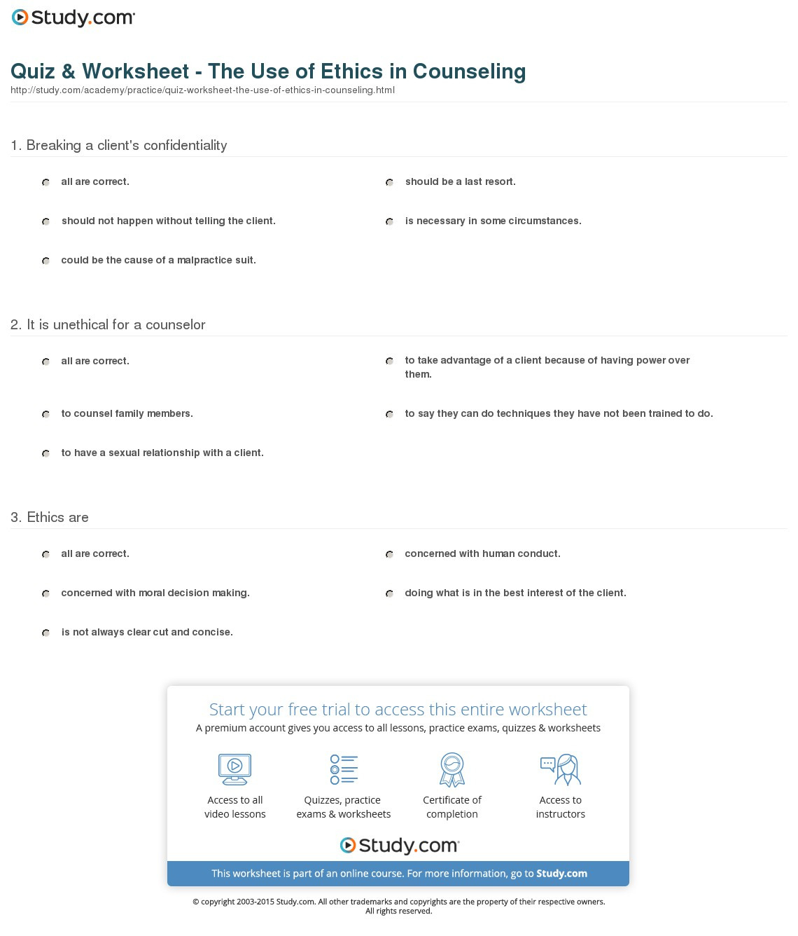Quiz  Worksheet  The Use Of Ethics In Counseling  Study
