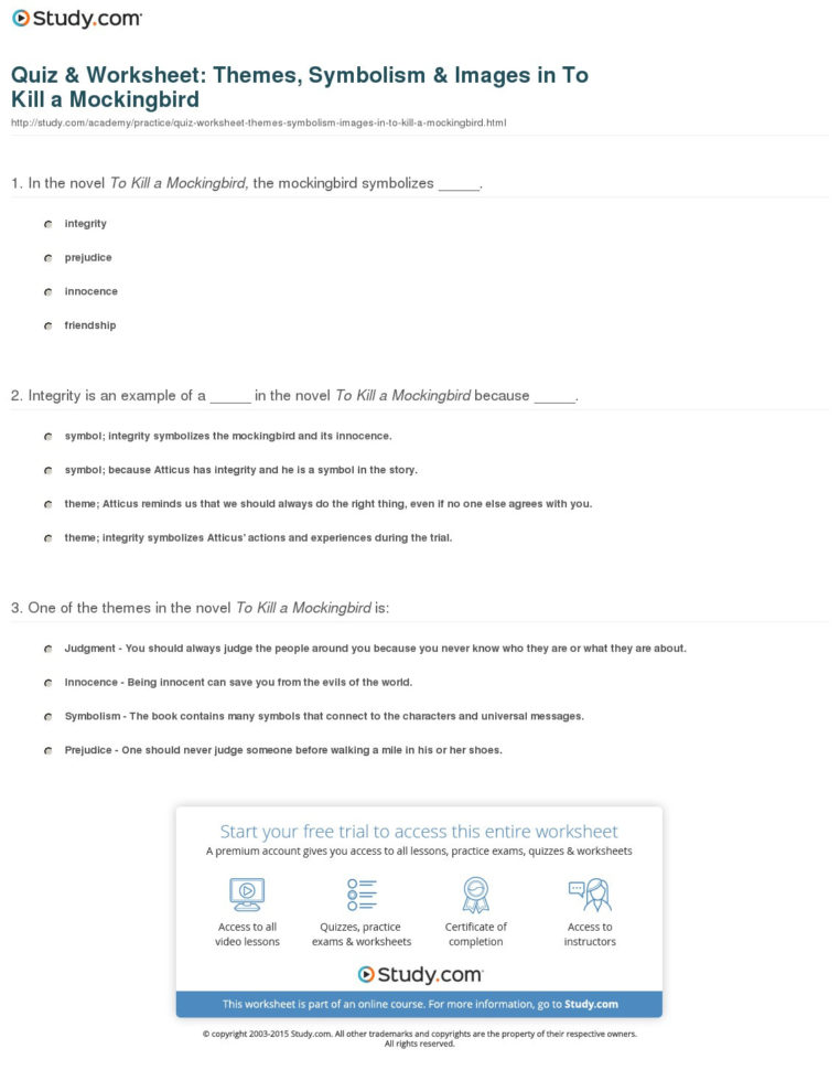 Quiz  Worksheet Themes Symbolism  Images In To Kill A