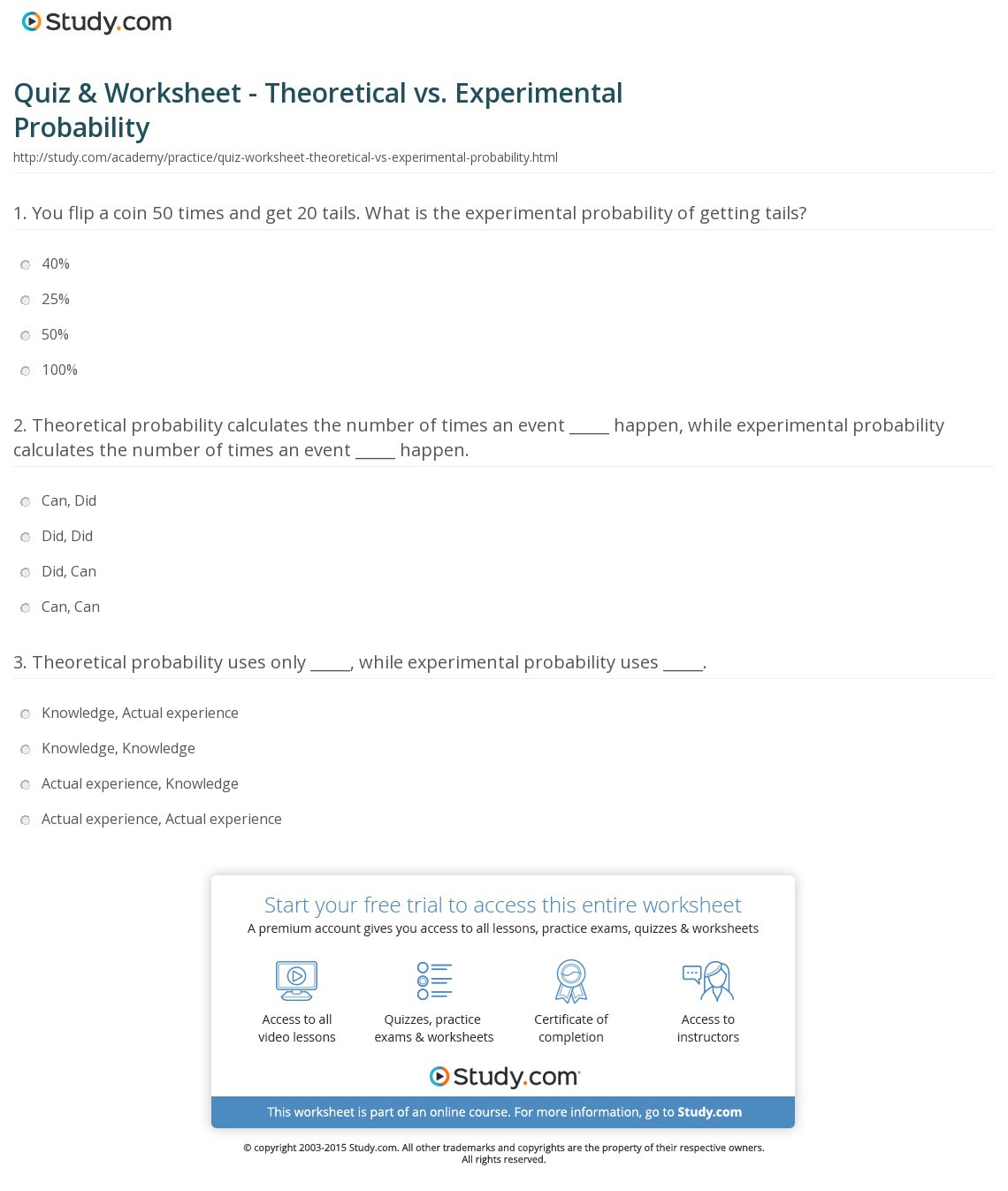 Quiz  Worksheet  Theoretical Vs Experimental Probability