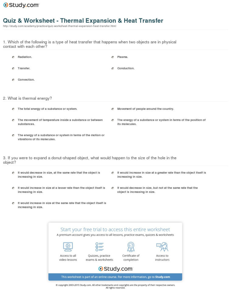 Quiz  Worksheet  Thermal Expansion  Heat Transfer  Study