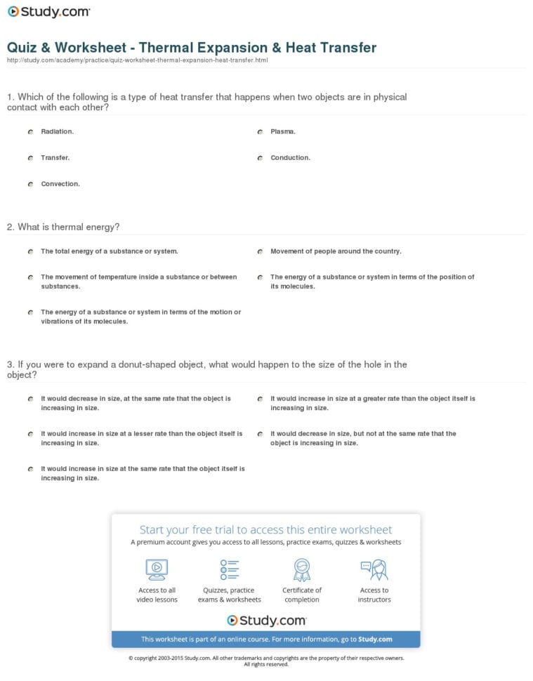 Quiz  Worksheet  Thermal Expansion  Heat Transfer  Study