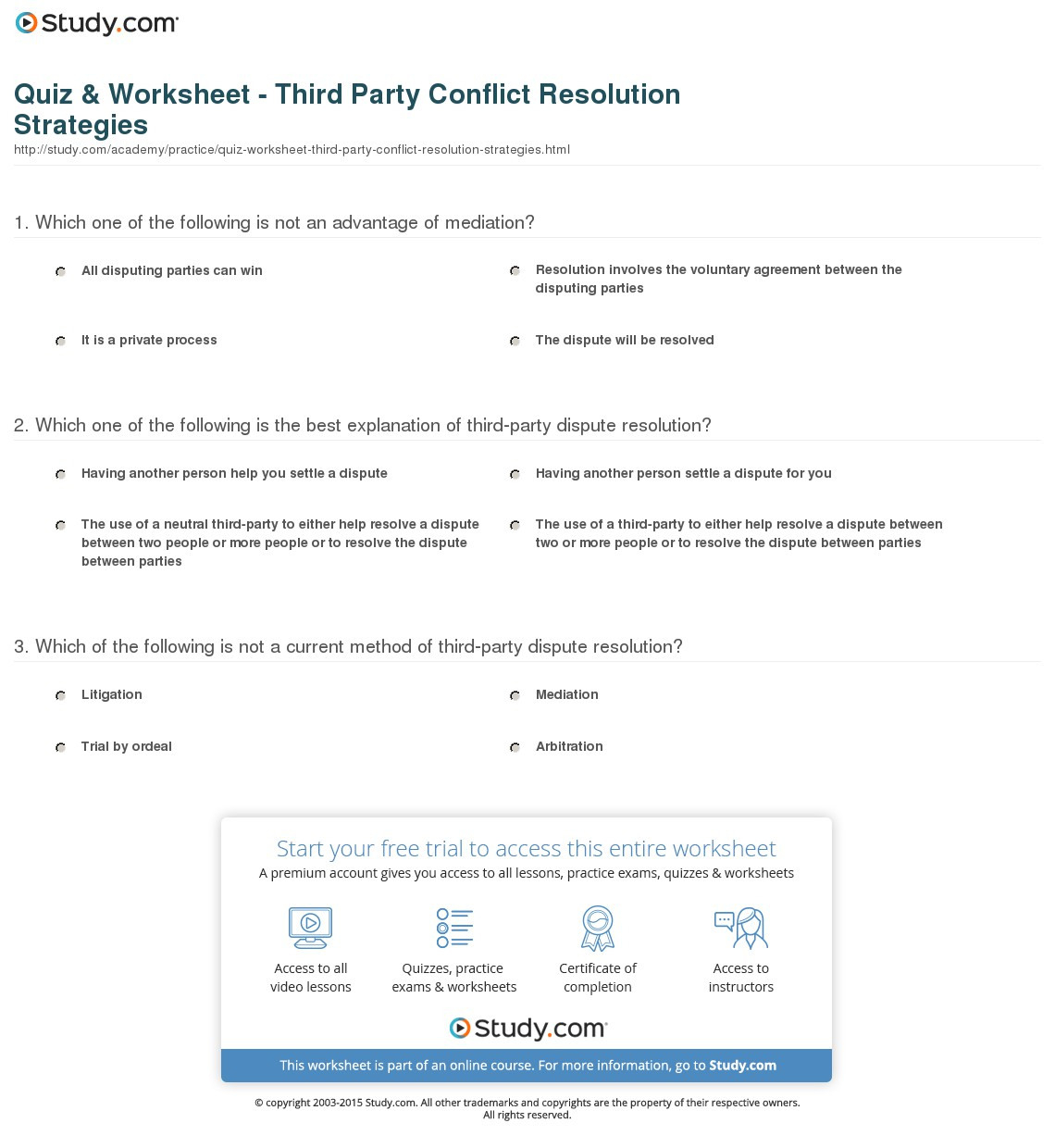 Quiz  Worksheet  Third Party Conflict Resolution