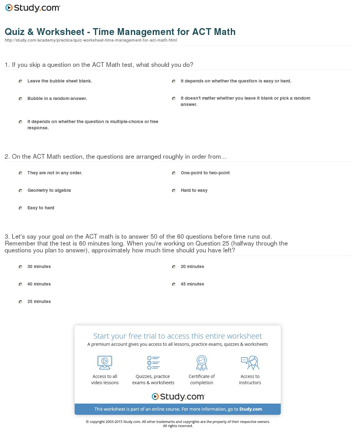 Quiz  Worksheet  Time Management For Act Math  Study