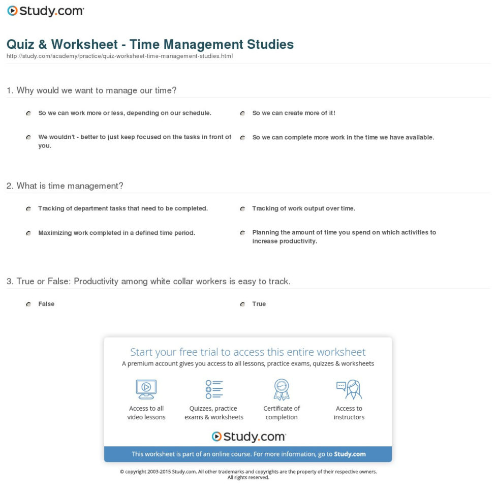 Quiz  Worksheet  Time Management Studies  Study