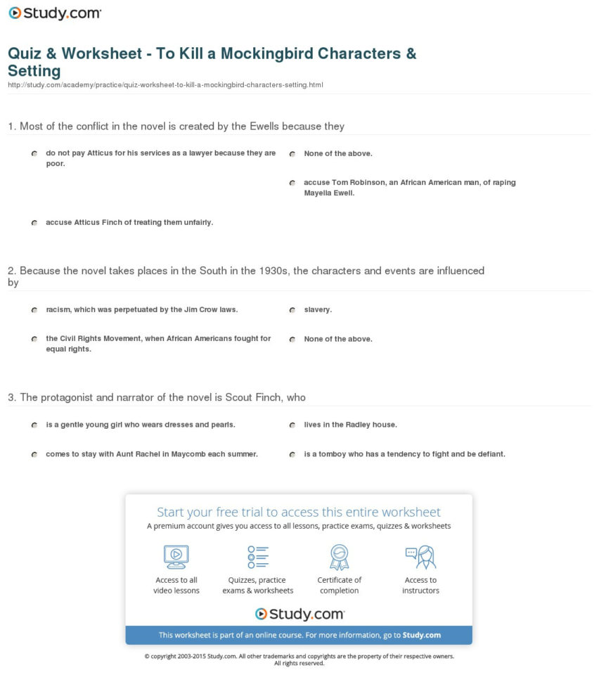 Quiz  Worksheet  To Kill A Mockingbird Characters