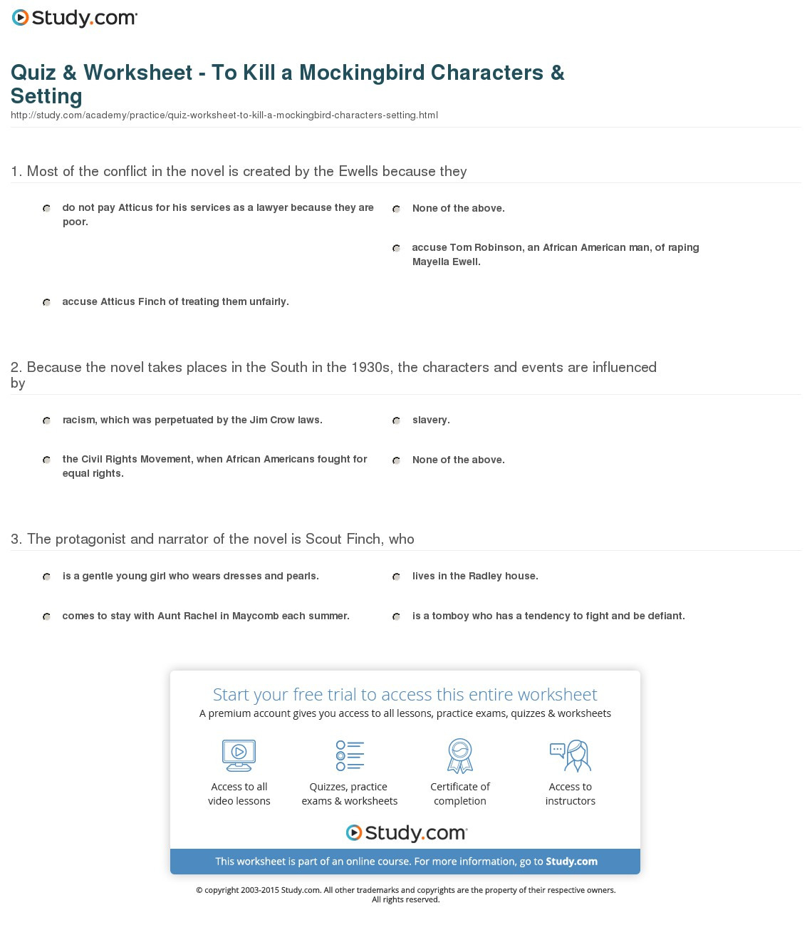 Quiz  Worksheet  To Kill A Mockingbird Characters