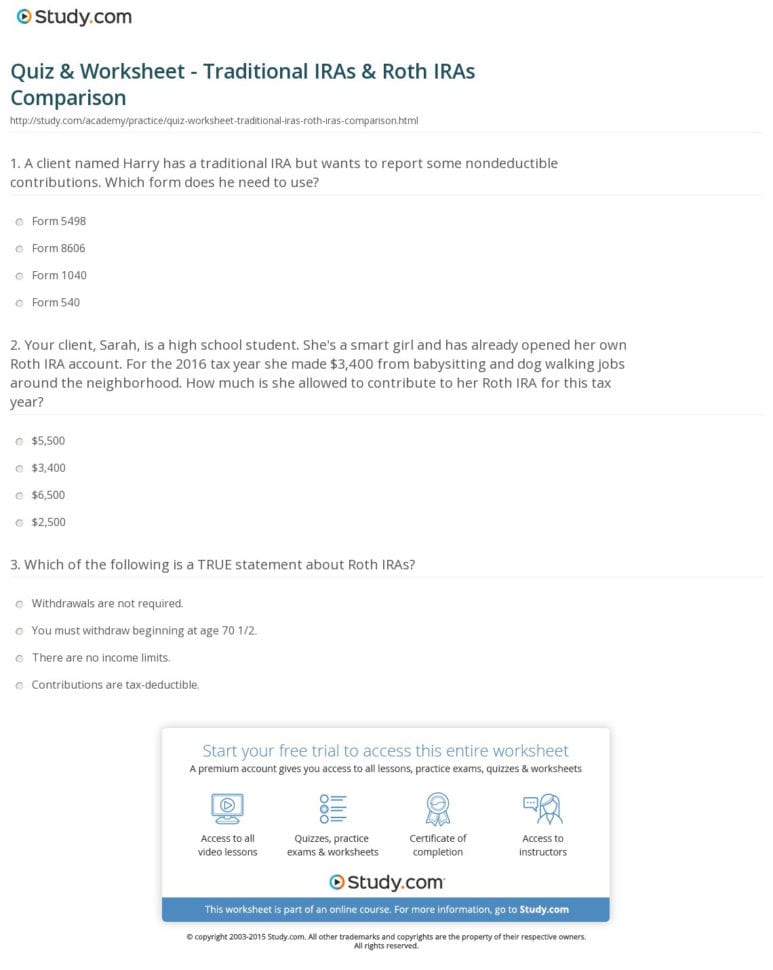 Quiz  Worksheet  Traditional Iras  Roth Iras Comparison