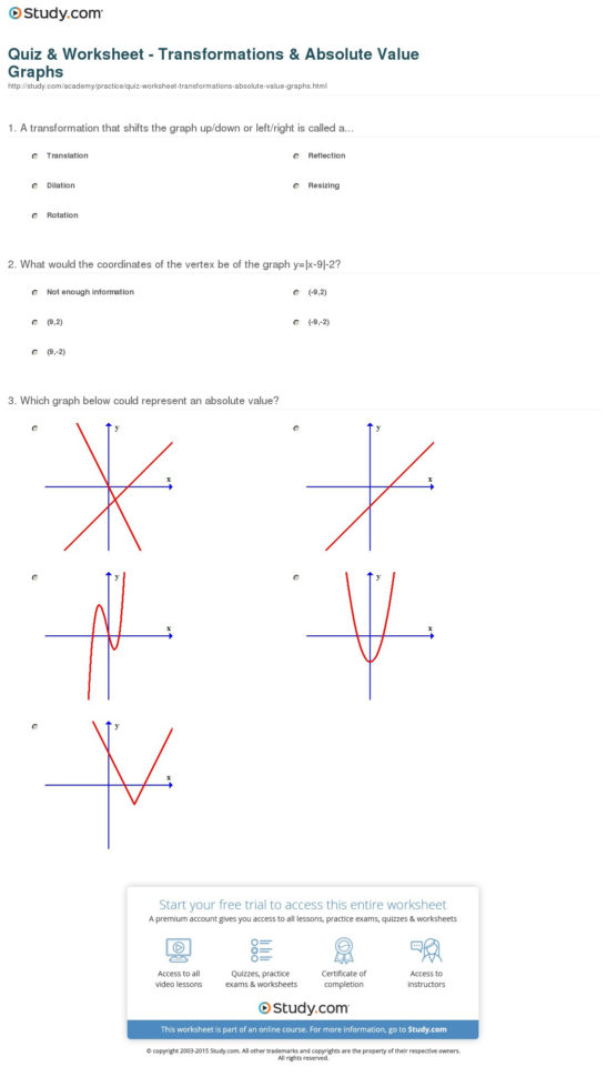 Quiz  Worksheet  Transformations  Absolute Value Graphs