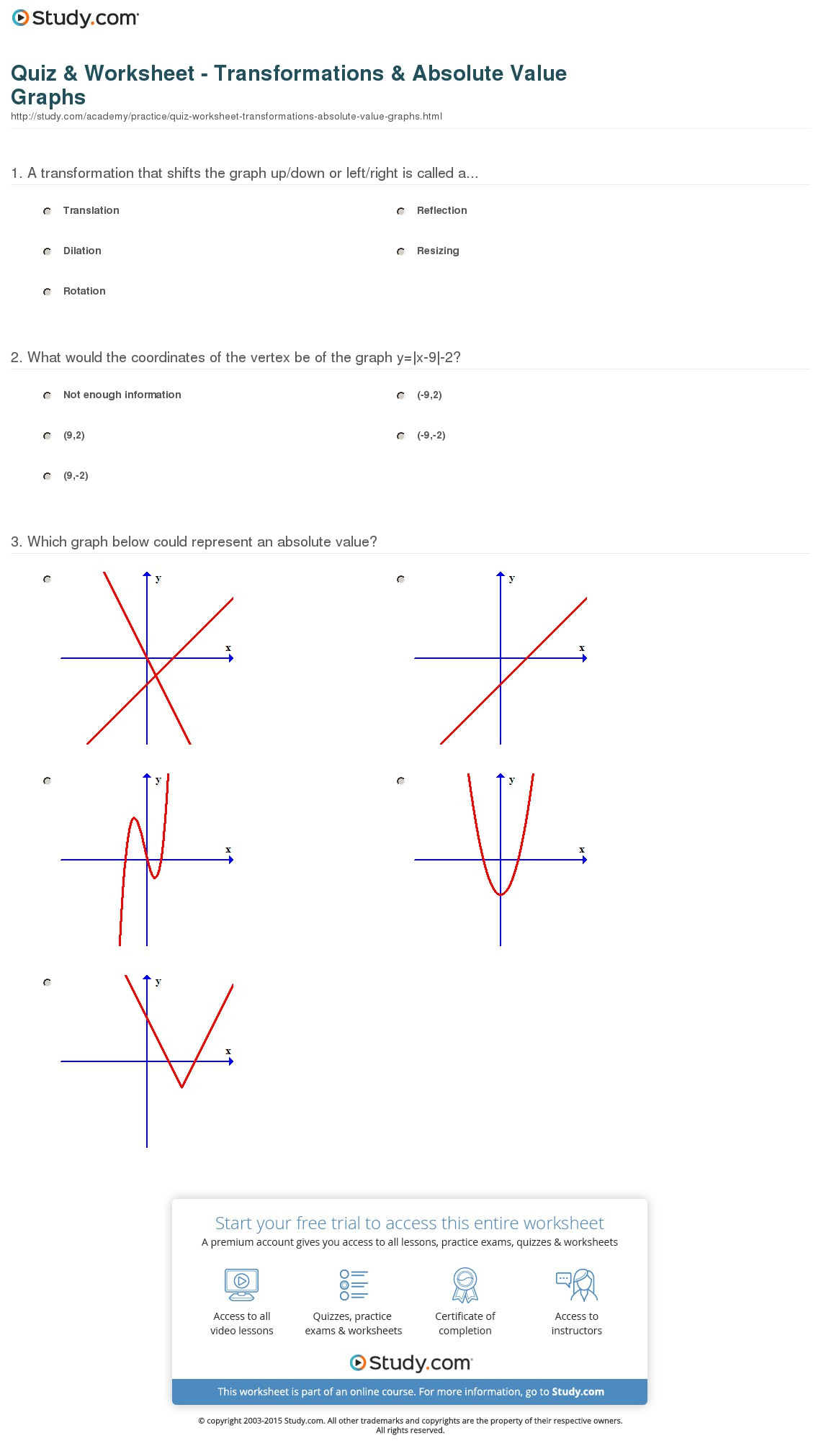 Quiz  Worksheet  Transformations  Absolute Value Graphs