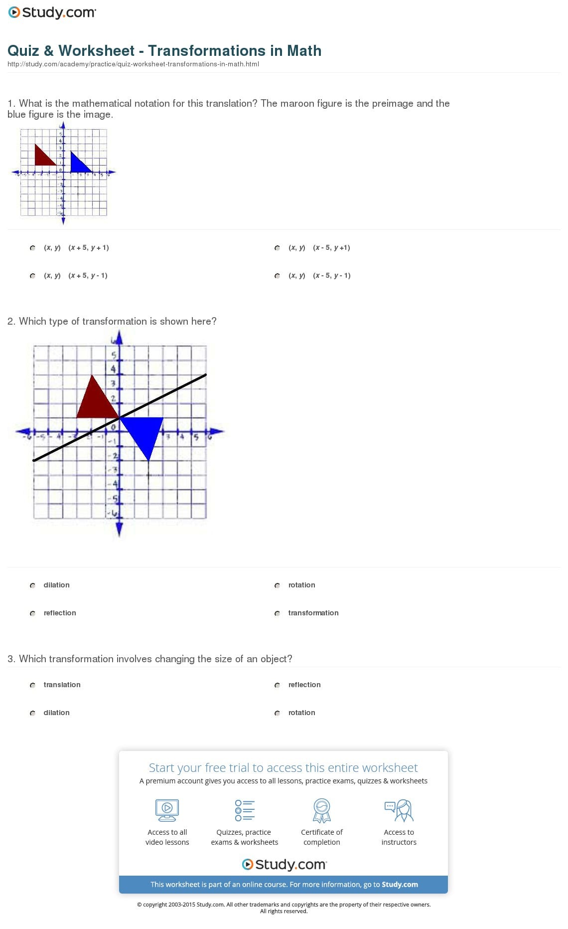 Quiz  Worksheet  Transformations In Math  Study