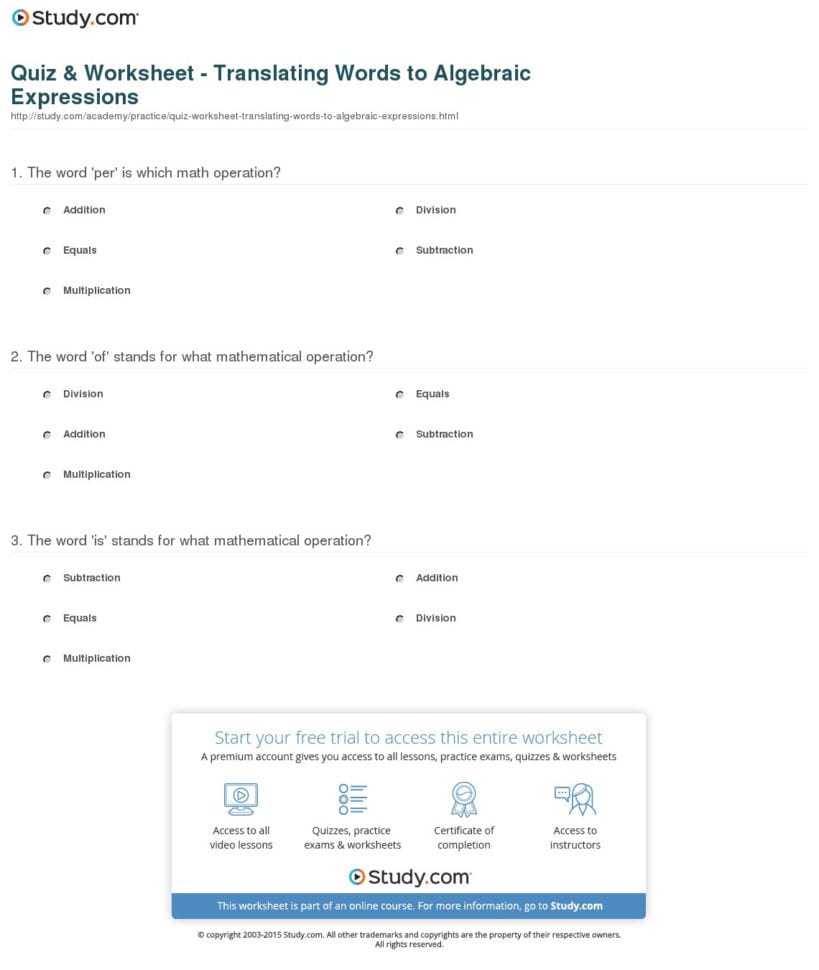 Quiz  Worksheet  Translating Words To Algebraic