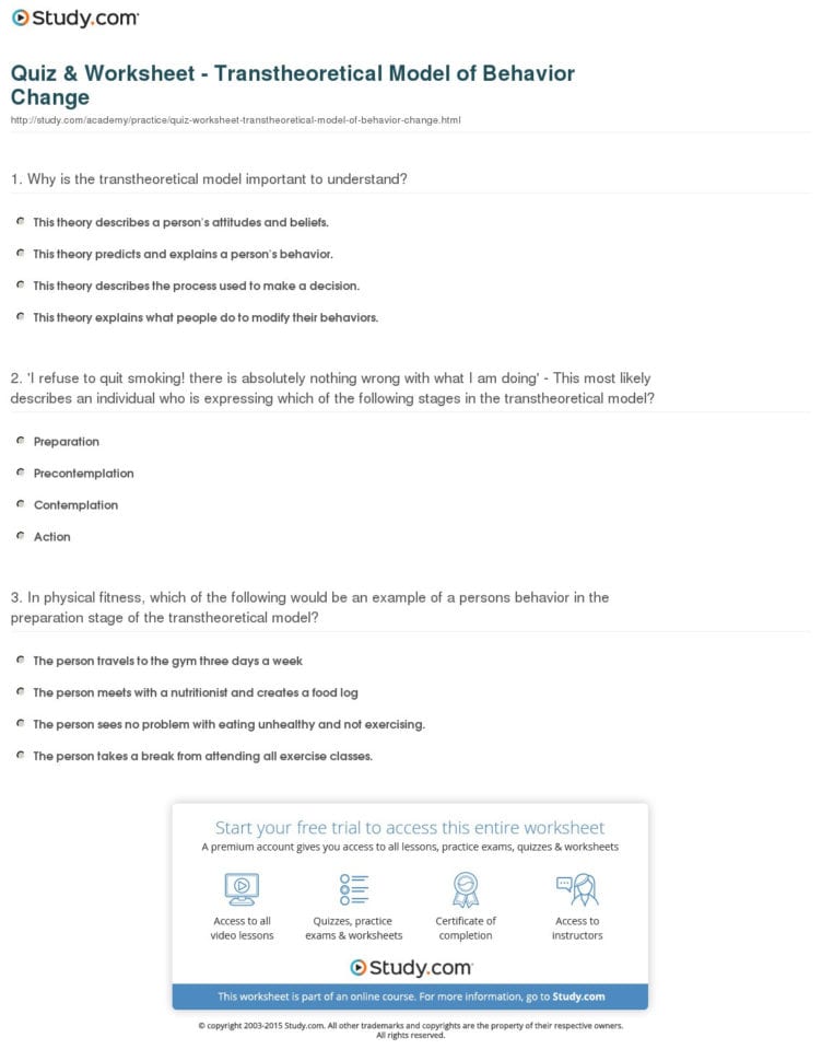 Quiz  Worksheet  Transtheoretical Model Of Behavior Change
