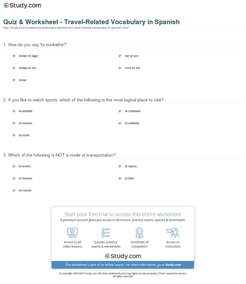 Quiz  Worksheet  Travelrelated Vocabulary In Spanish