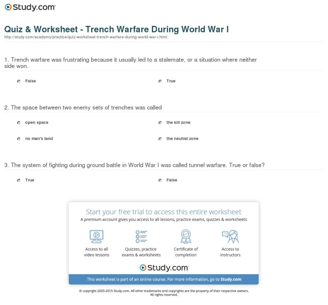 Quiz  Worksheet  Trench Rfare During World R I  Study