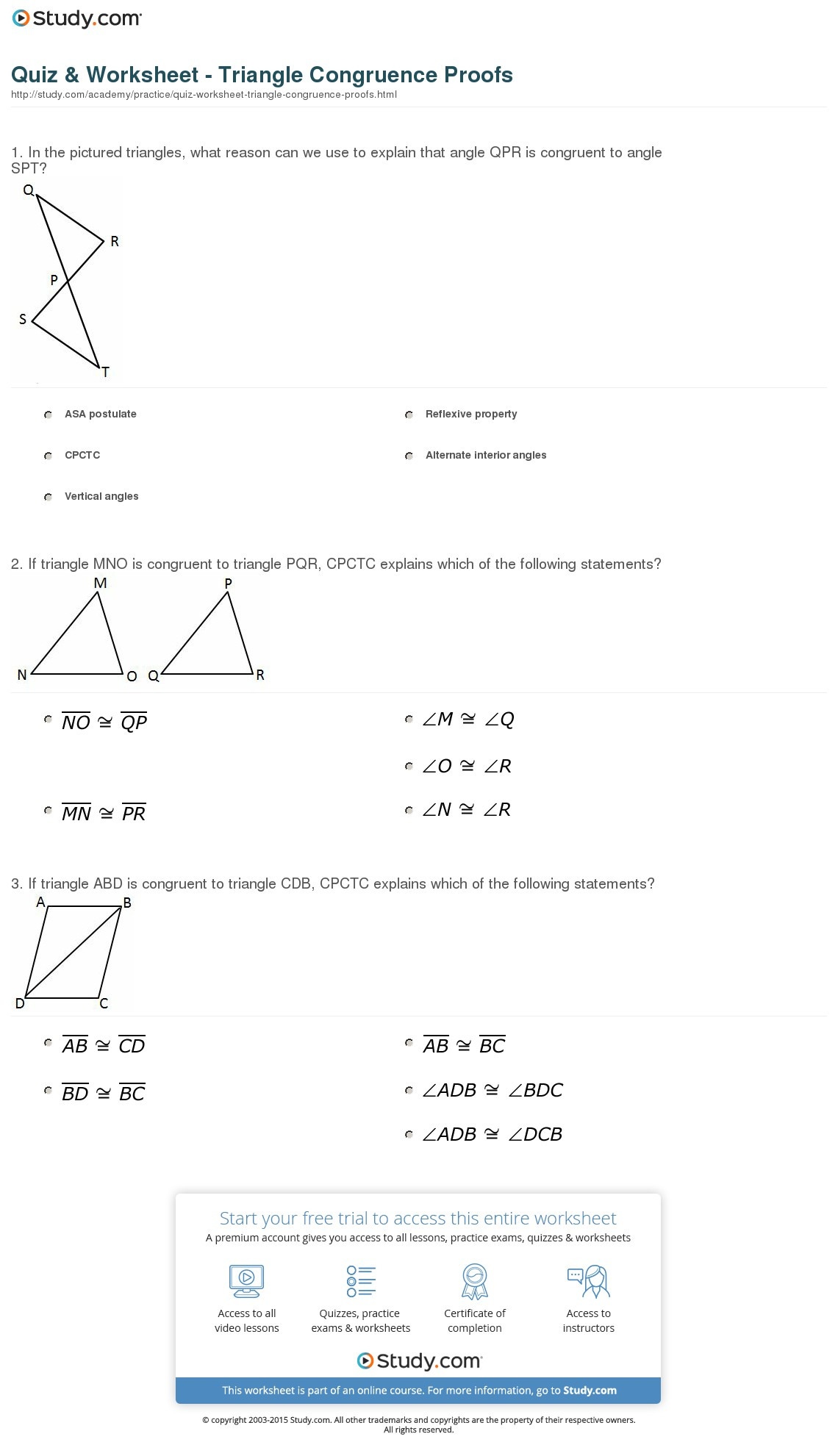 Quiz Worksheet Triangle Congruence Proofs Study db excel com
