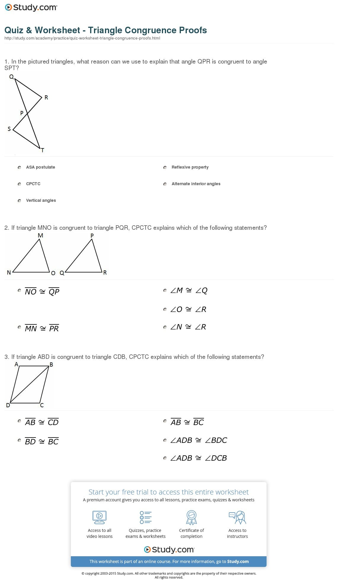 Quiz  Worksheet  Triangle Congruence Proofs  Study