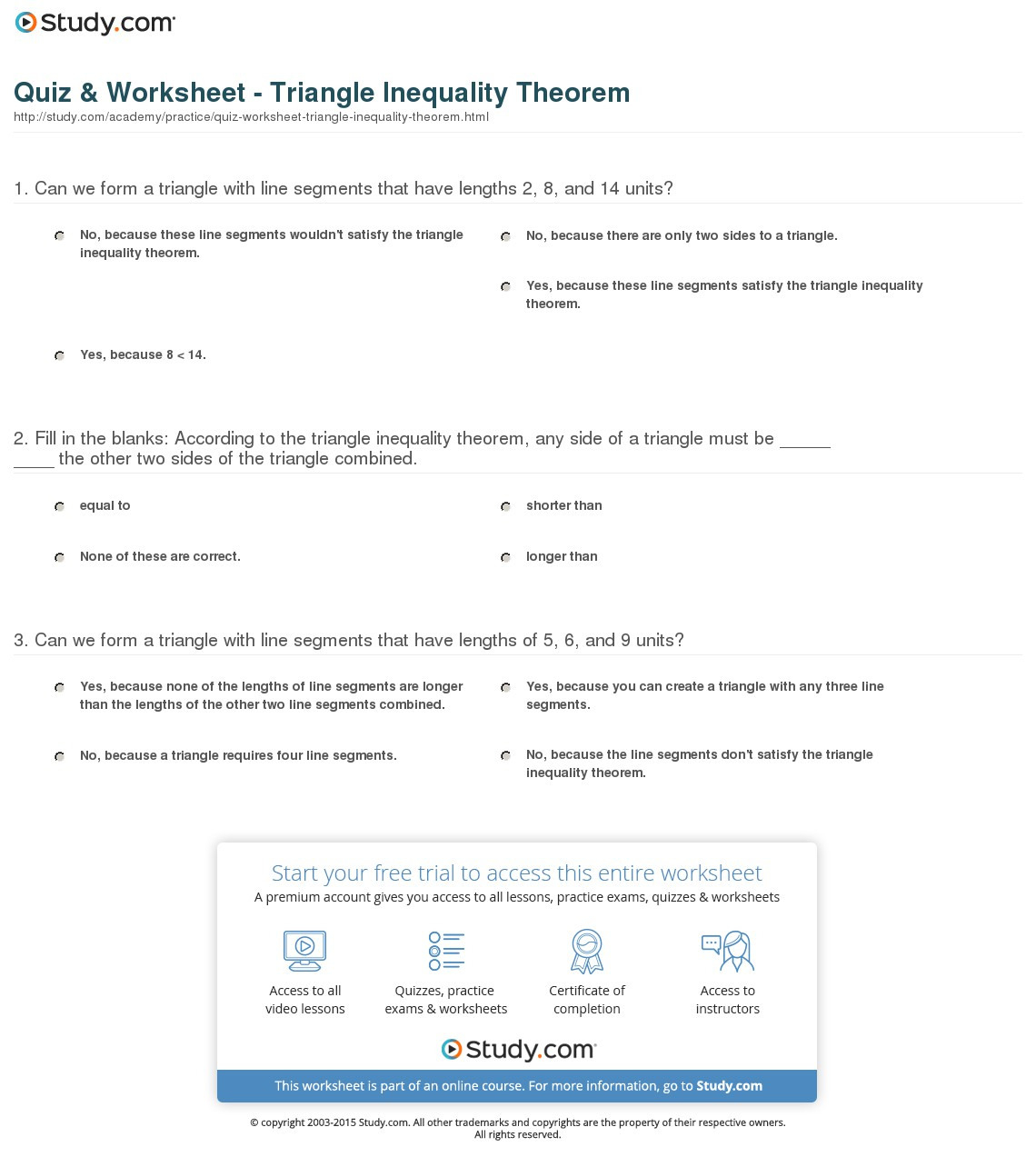 Quiz  Worksheet  Triangle Inequality Theorem  Study