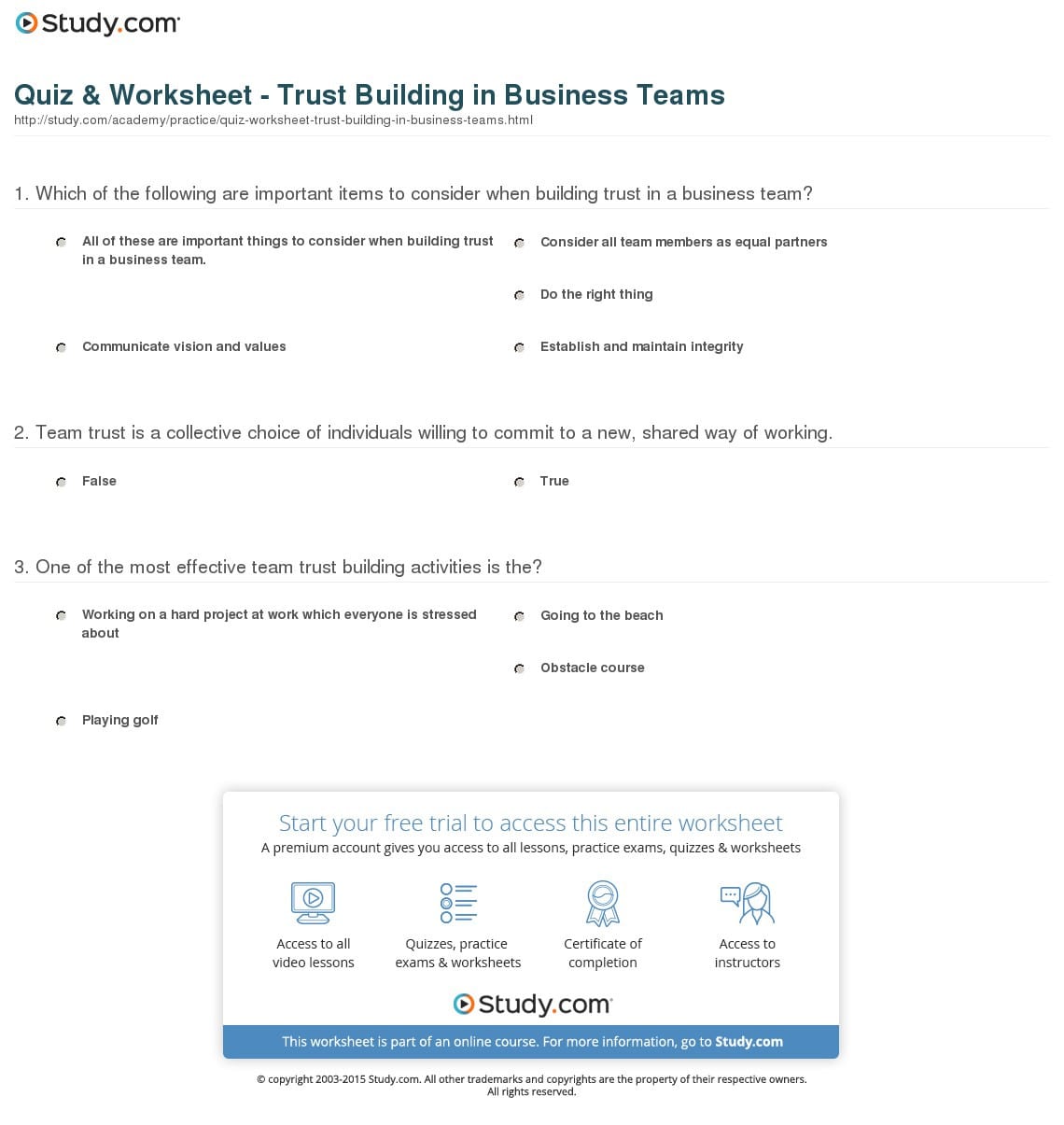 Quiz  Worksheet  Trust Building In Business Teams  Study