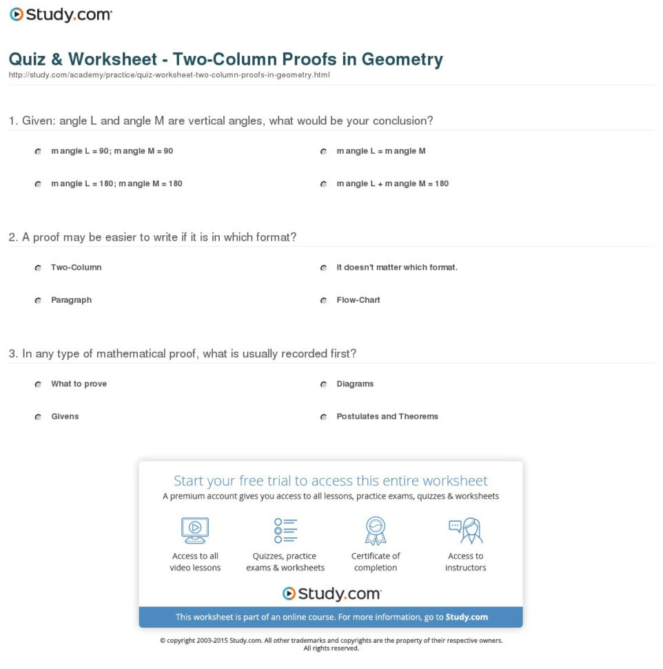 Quiz  Worksheet  Twocolumn Proofs In Geometry  Study