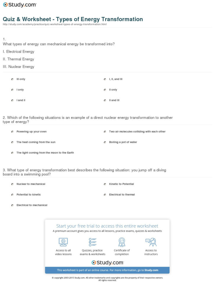 Quiz  Worksheet  Types Of Energy Transformation  Study