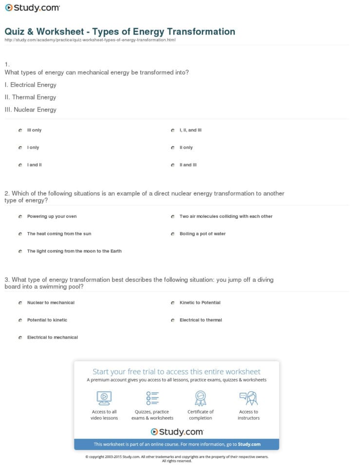 Energy Transformation Worksheet Middle School