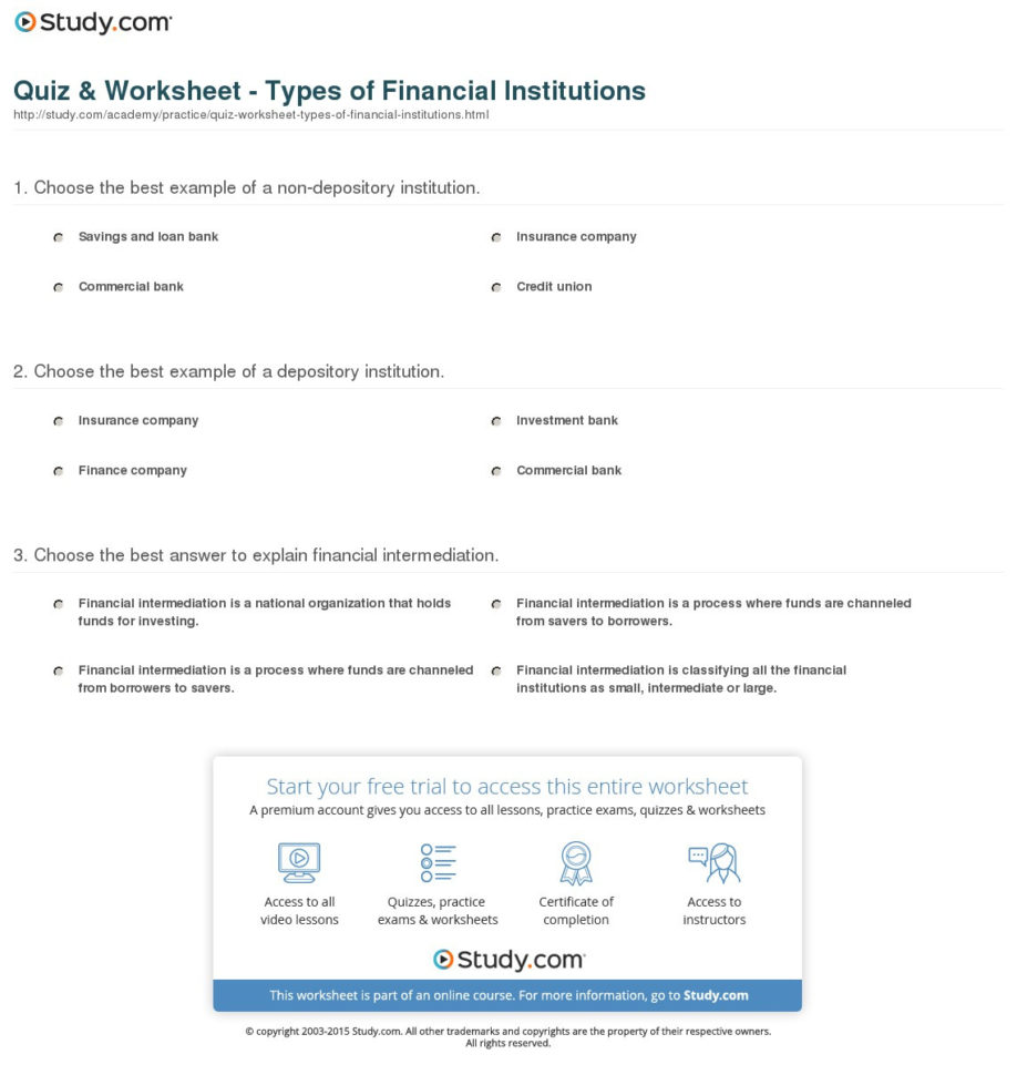 Quiz  Worksheet  Types Of Financial Institutions  Study