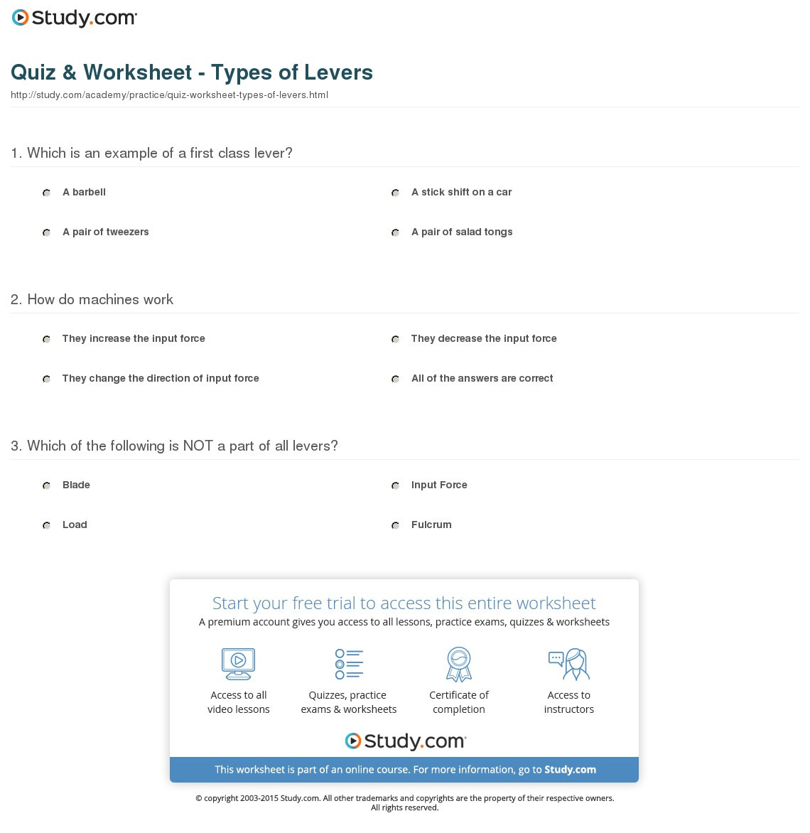 Quiz  Worksheet  Types Of Levers  Study