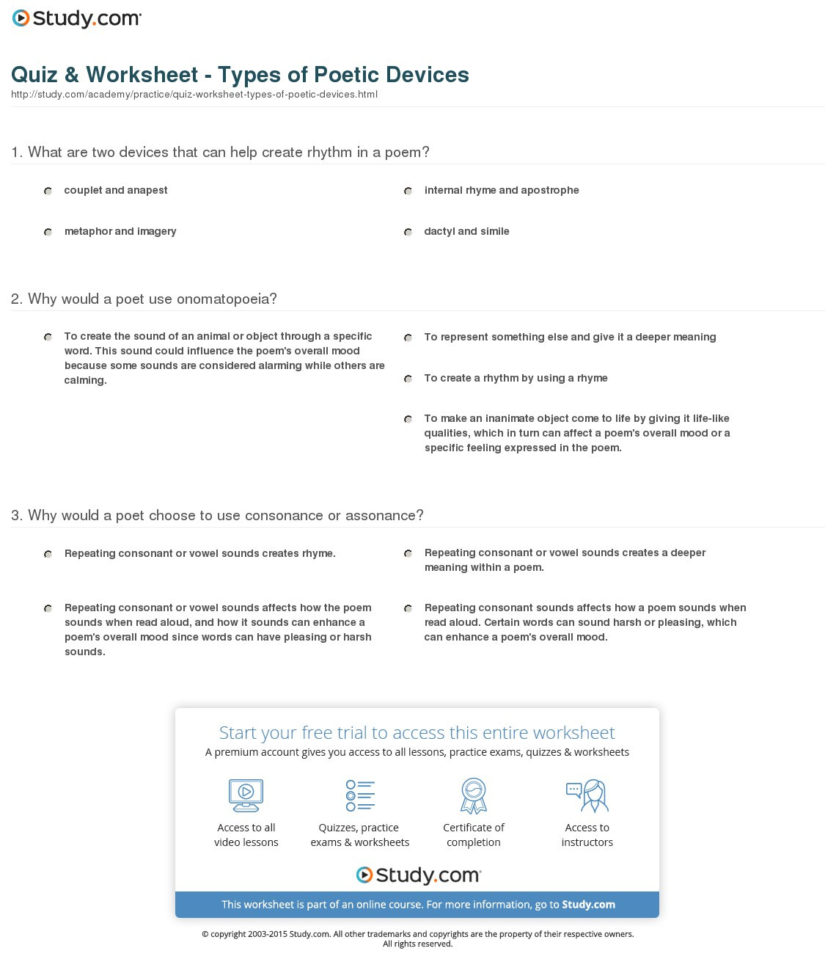 Quiz  Worksheet  Types Of Poetic Devices  Study