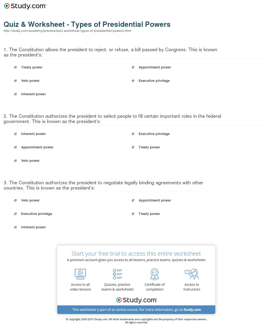 Quiz Worksheet Types Of Presidential Powers Study Db excel