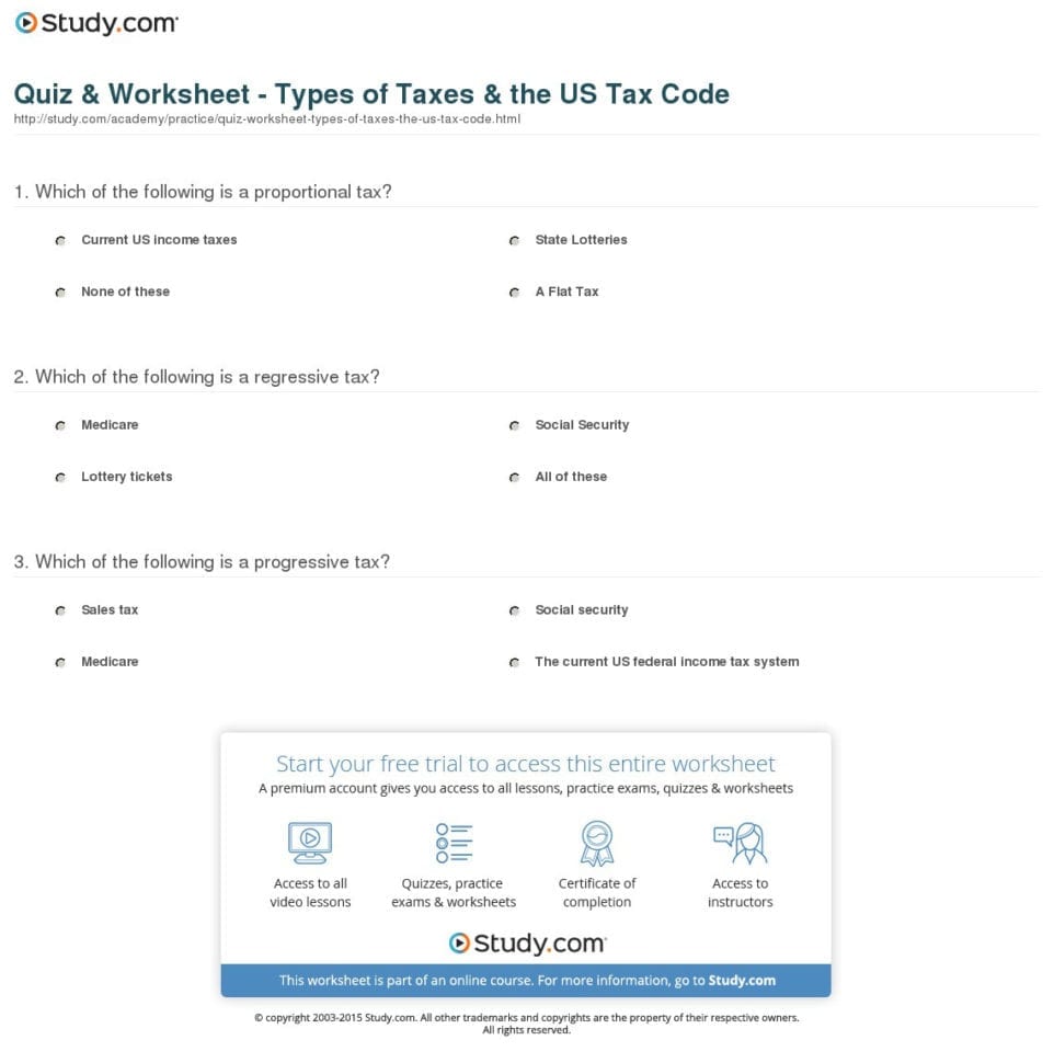 Quiz  Worksheet  Types Of Taxes  The Us Tax Code  Study