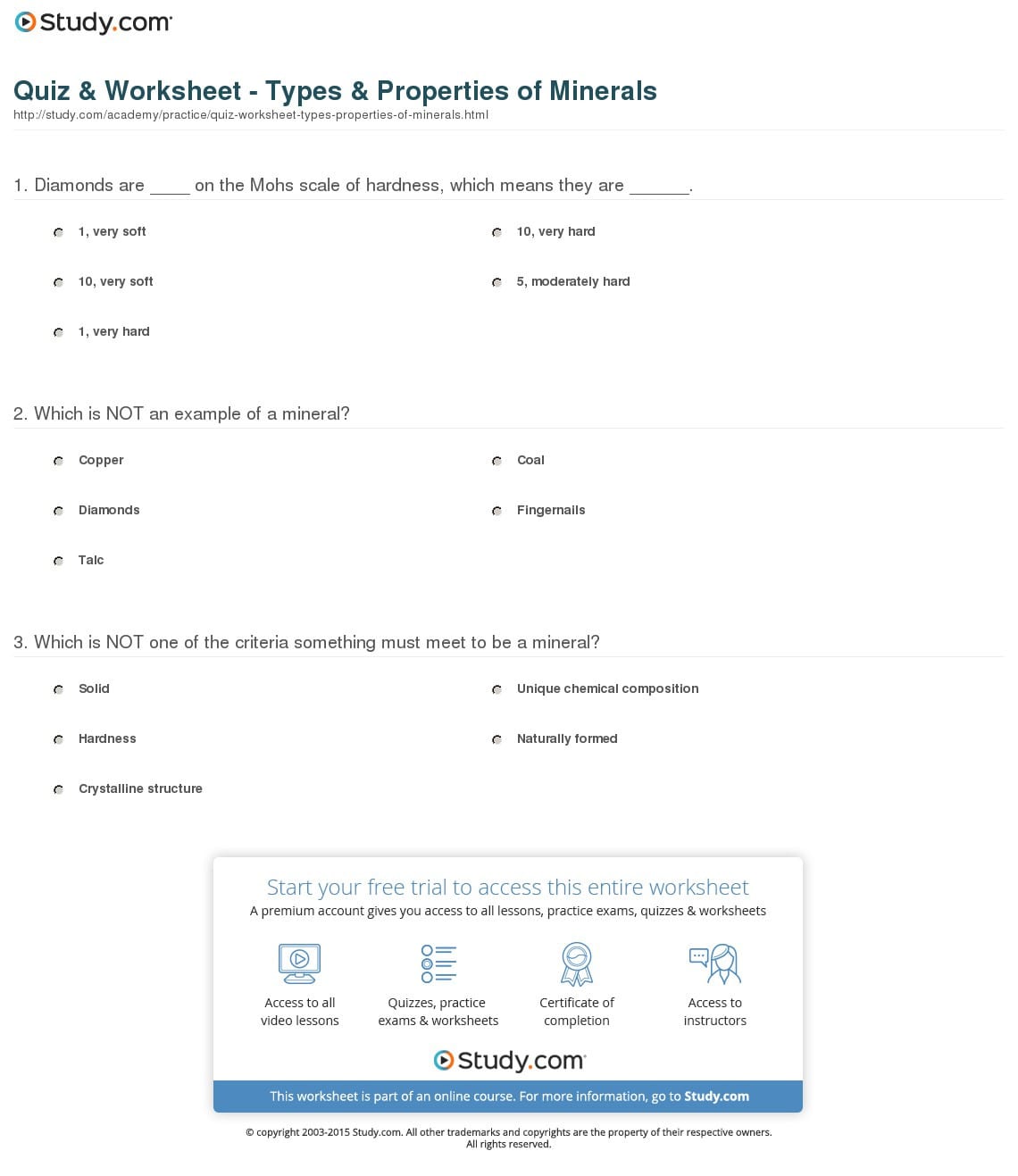 Quiz  Worksheet  Types  Properties Of Minerals  Study