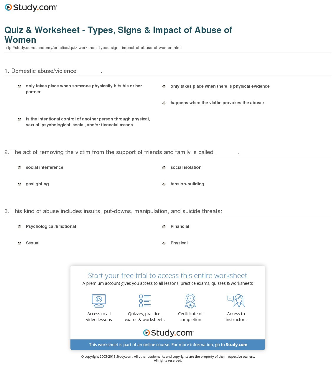 Quiz  Worksheet  Types Signs  Impact Of Abuse Of Women