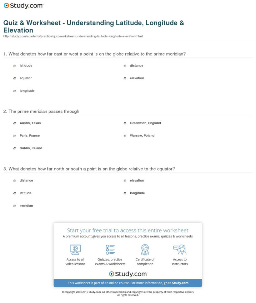 Quiz  Worksheet  Understanding Latitude Longitude