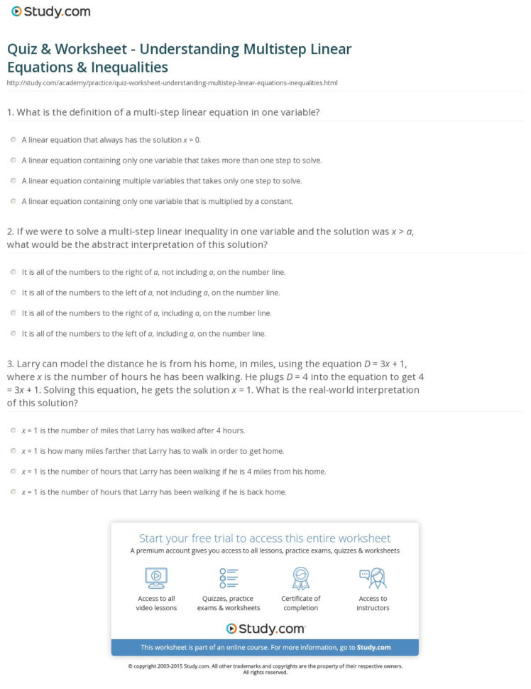 Quiz  Worksheet  Understanding Multistep Linear Equations