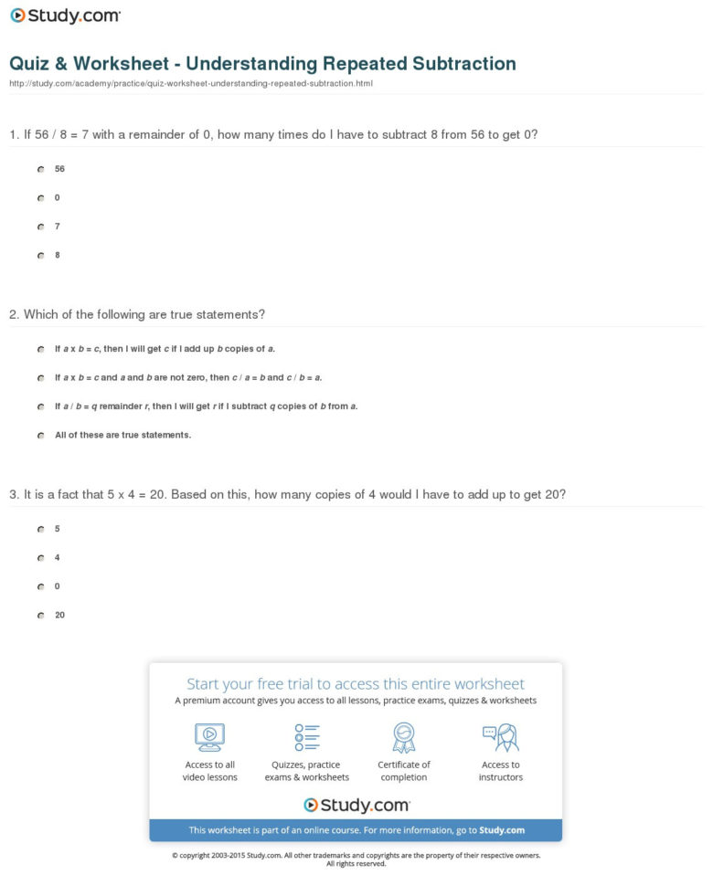 Quiz  Worksheet  Understanding Repeated Subtraction