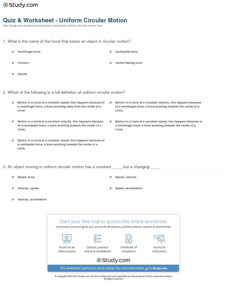 Quiz  Worksheet  Uniform Circular Motion  Study