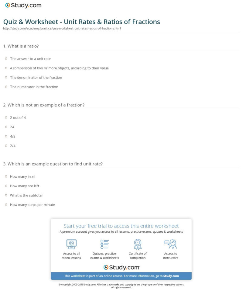 Quiz  Worksheet  Unit Rates  Ratios Of Fractions  Study