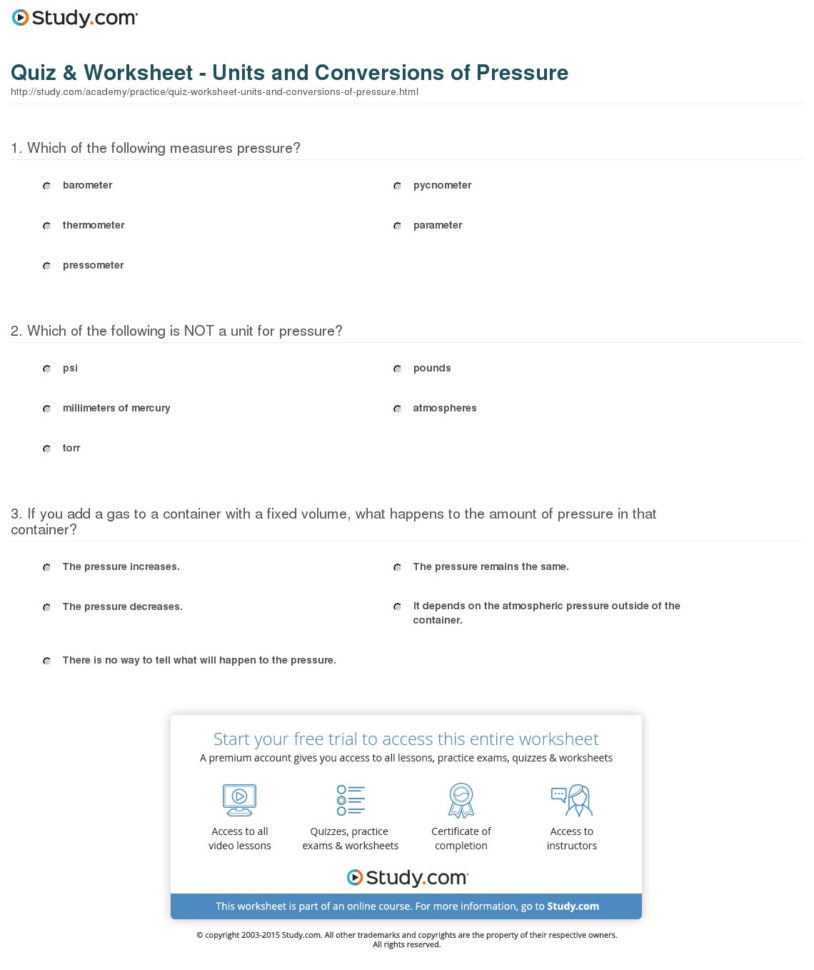 Quiz  Worksheet  Units And Conversions Of Pressure  Study