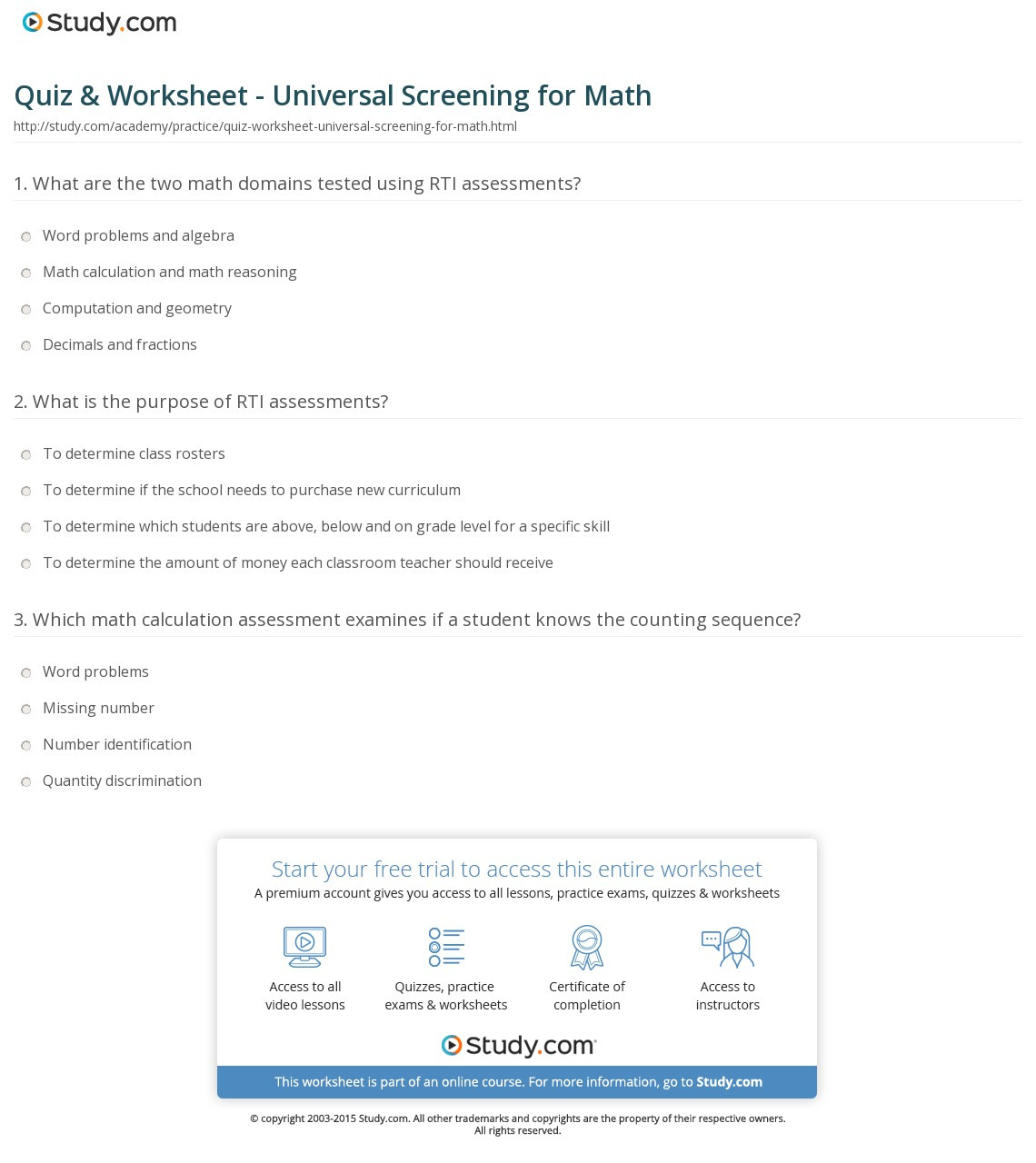 Quiz  Worksheet  Universal Screening For Math  Study