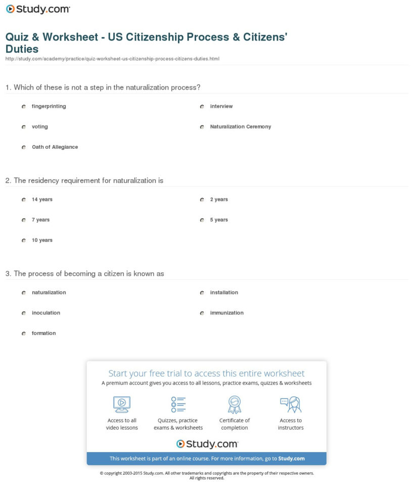 Quiz  Worksheet  Us Citizenship   Citizens' Duties