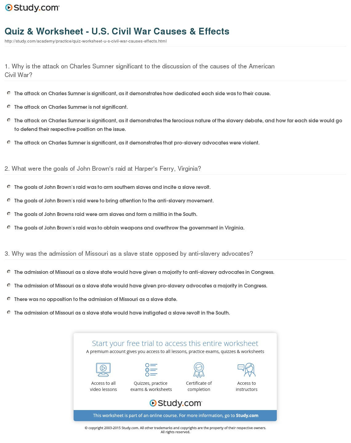 Quiz  Worksheet  Us Civil R Causes  Effects  Study