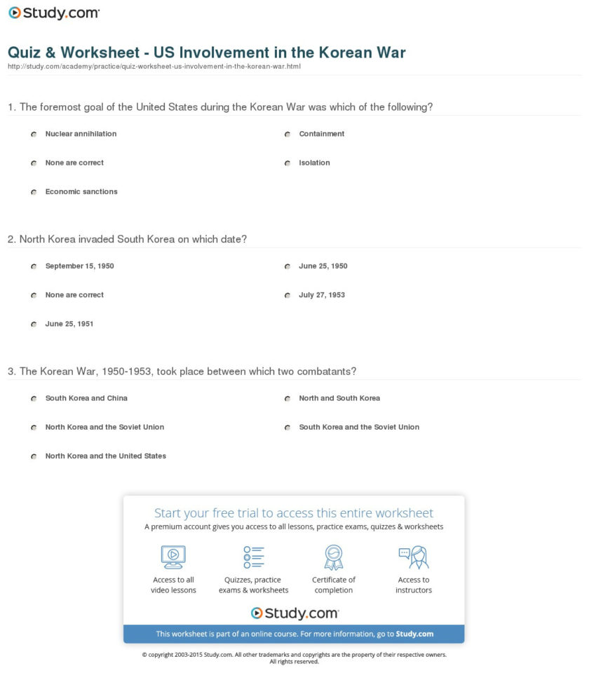Quiz  Worksheet  Us Involvement In The Korean R  Study