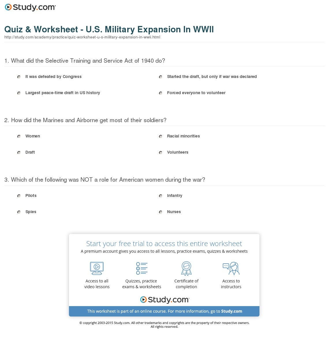 Quiz  Worksheet  Us Military Expansion In Wwii  Study
