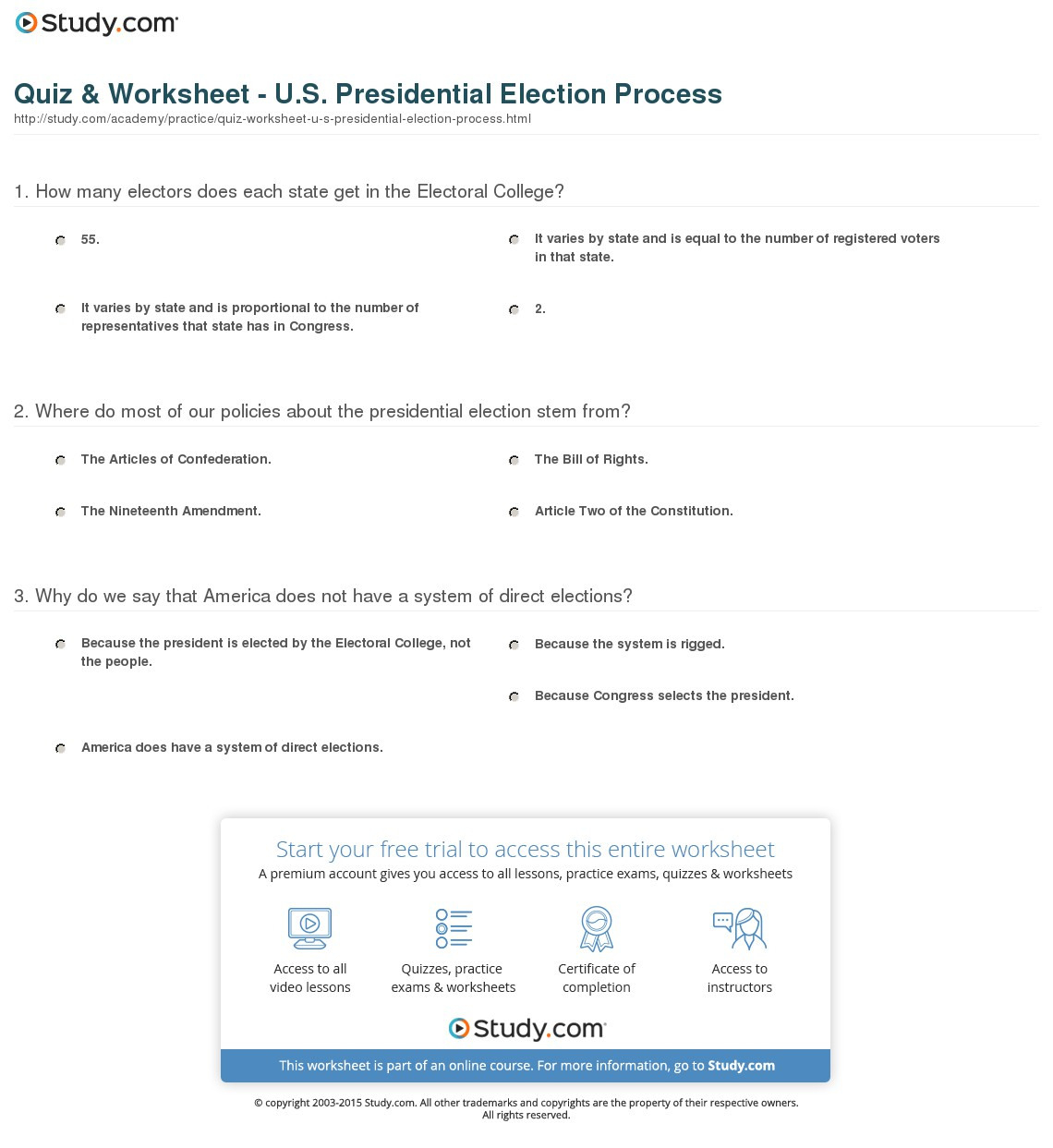 Quiz  Worksheet  Us Presidential Election   Study