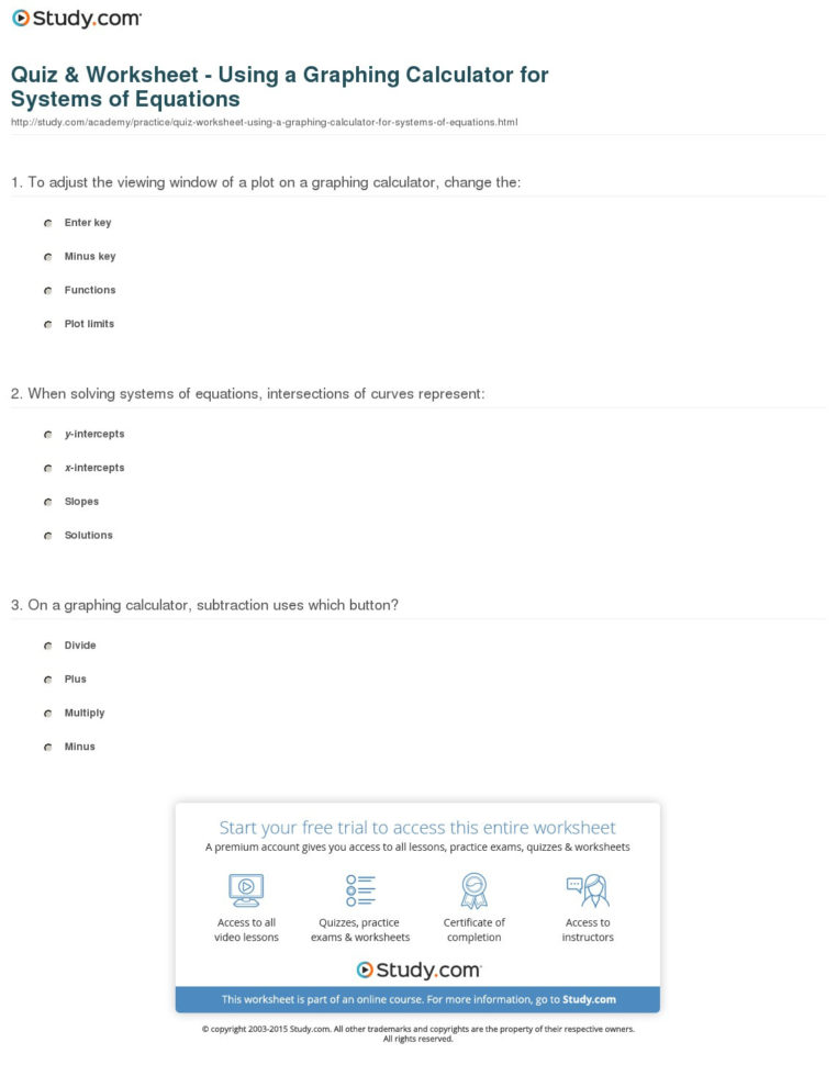 Quiz  Worksheet  Using A Graphing Calculator For Systems