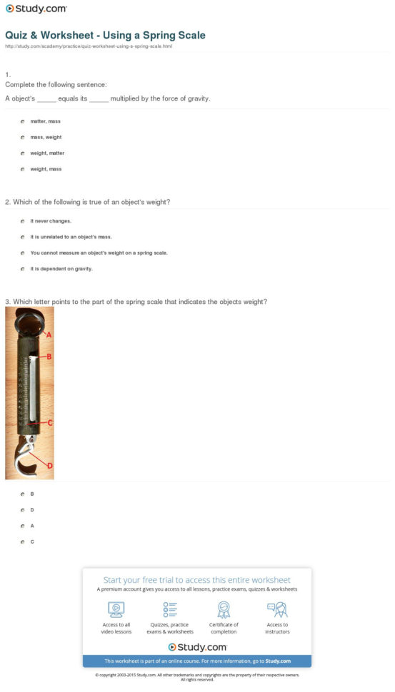 Quiz  Worksheet  Using A Spring Scale  Study Quiz  Worksheet  Using A Spring Scale  Study