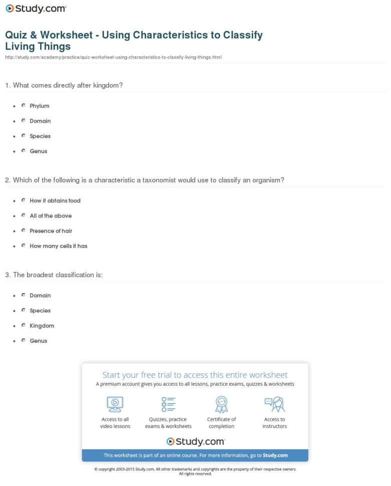 Quiz  Worksheet  Using Characteristics To Classify Living