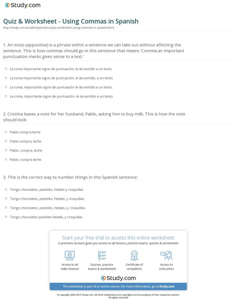 Quiz  Worksheet  Using Commas In Spanish  Study